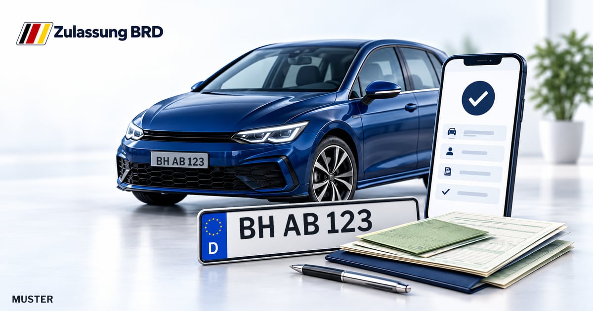 Online Fahrzeugzulassung in Bühl: Musterkennzeichen BH AB 123, Auto und Fahrzeugpapiere und Smartphone. Illustration mit Logo von Zulassung BRD.